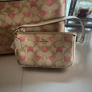 Coach Heart Nolita Patterned Tan and Pink Wristlet